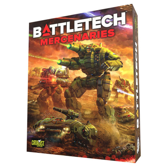 Battletech Mercenaries game box with futuristic mechs on a fiery background