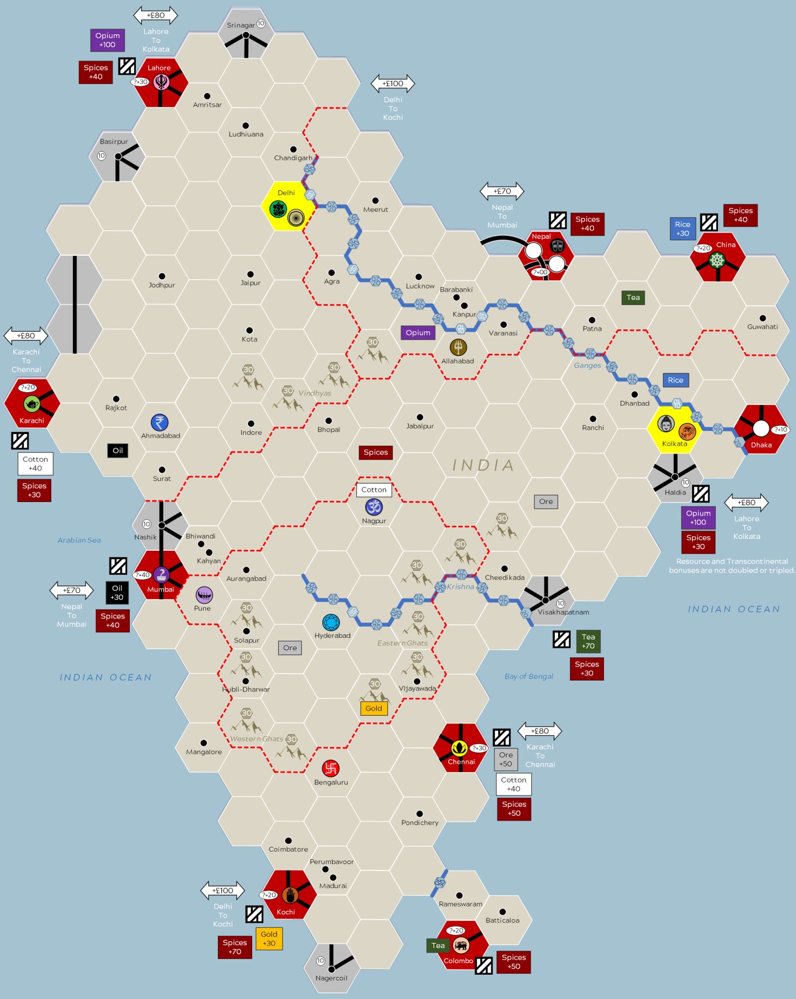 Hexagonal grid map of India with various symbols and markings