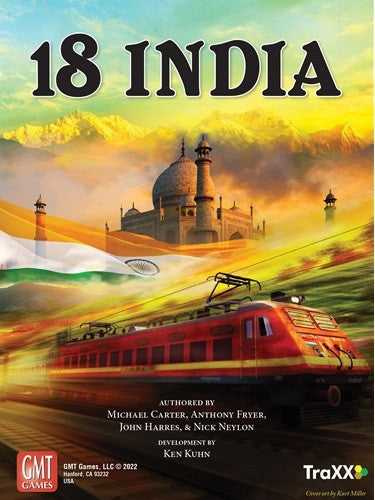 Board game cover titled '18 India' with a train and Taj Mahal, featuring the Indian flag.