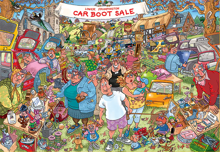 Colorful illustration of a car boot sale with people and various items.