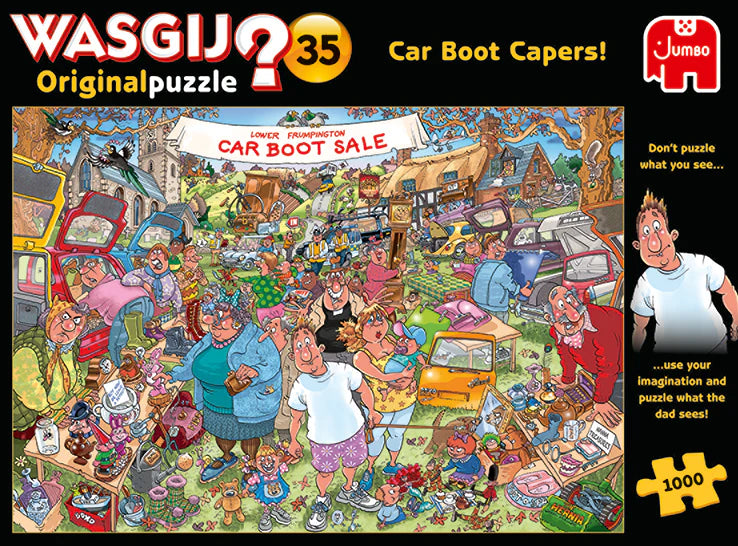 Jigsaw puzzle packaging with a colorful illustration of a car boot sale scene and branding elements.