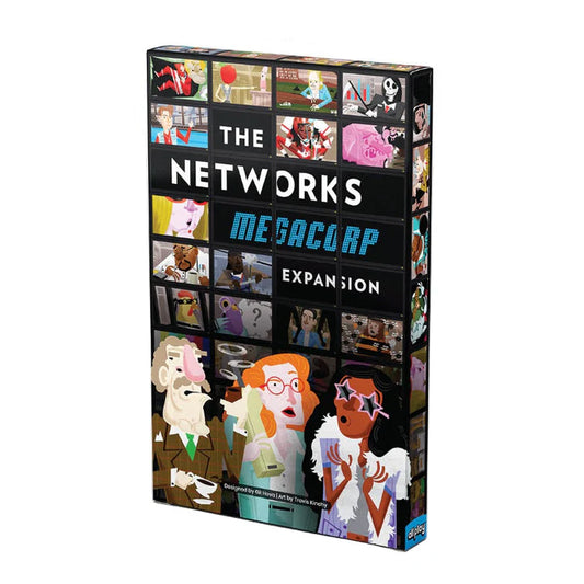 The Networks Megacorp Expansion board game box shown at a three-quarter angle on a plain white background. The box features a black background with a grid of colorful character and scene illustrations, plus large white and blue title text.