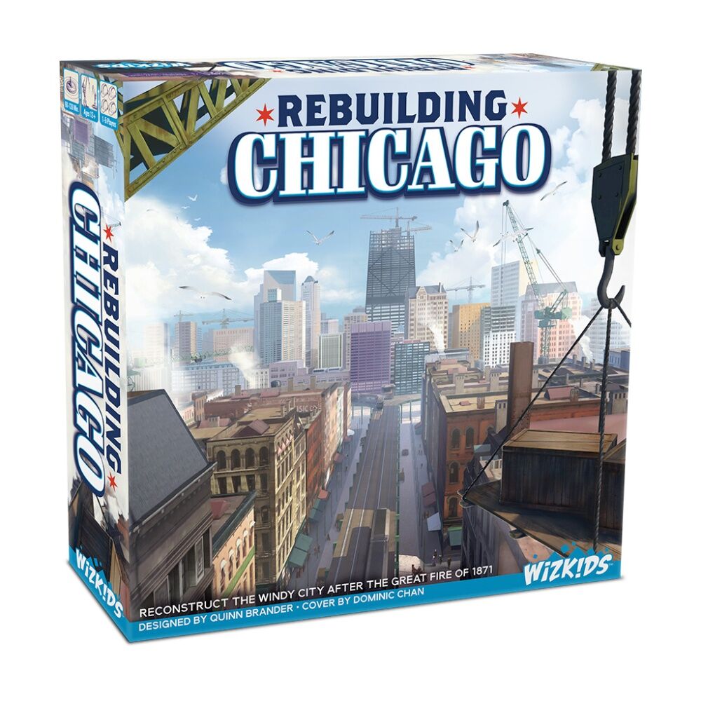 The board game box for 'Rebuilding Chicago' by WizKids, featuring an illustrated cityscape of Chicago with skyscrapers, a street scene, and a crane hook in the foreground.