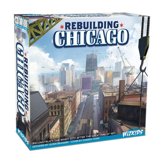 The board game box for 'Rebuilding Chicago' by WizKids, featuring an illustrated cityscape of Chicago with skyscrapers, a street scene, and a crane hook in the foreground.