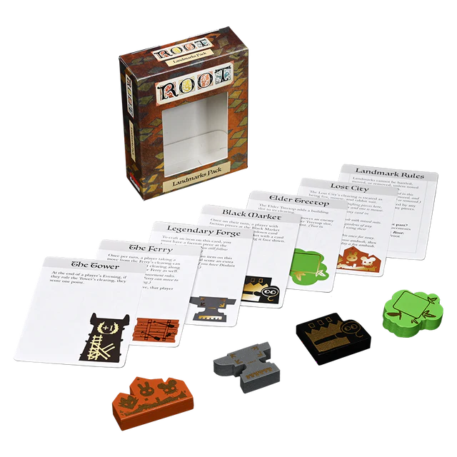 Root landmarks Board game components including cards and pieces on a white background