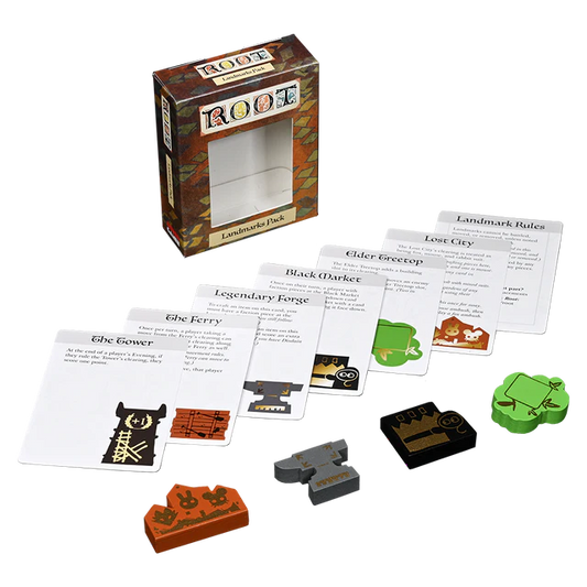 Root landmarks Board game components including cards and pieces on a white background