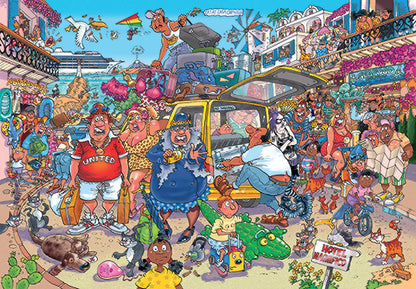 Colorful cartoon street scene with various characters and objects.