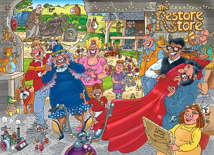 Cartoon-style illustration of a group of people in a store setting with various objects and characters.