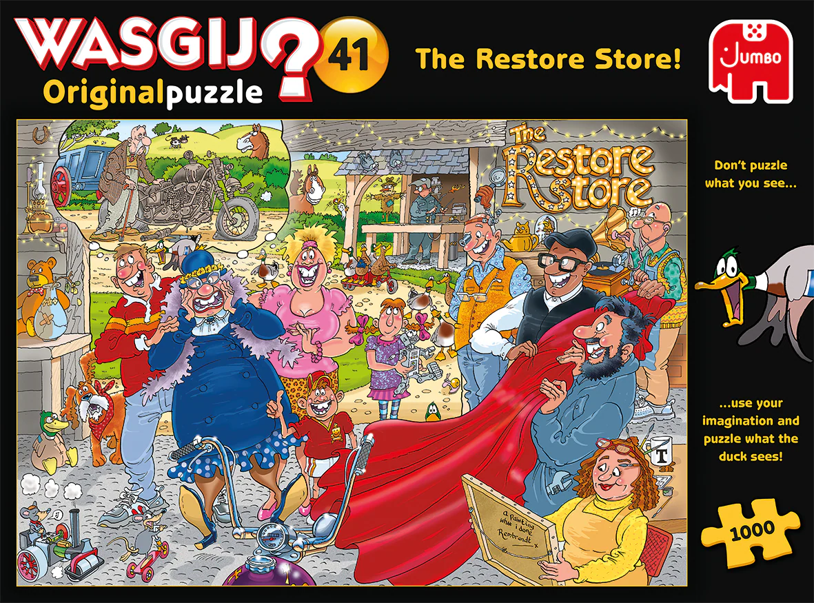 Jigsaw puzzle box featuring cartoon characters and the title 'The Restore Store' by Wasgij.