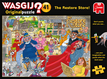 Jigsaw puzzle box featuring cartoon characters and the title 'The Restore Store' by Wasgij.