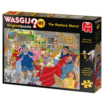 Jumbo Wasgij Original puzzle box featuring 'The Restore Store' with colorful characters and a cartoon store setting.