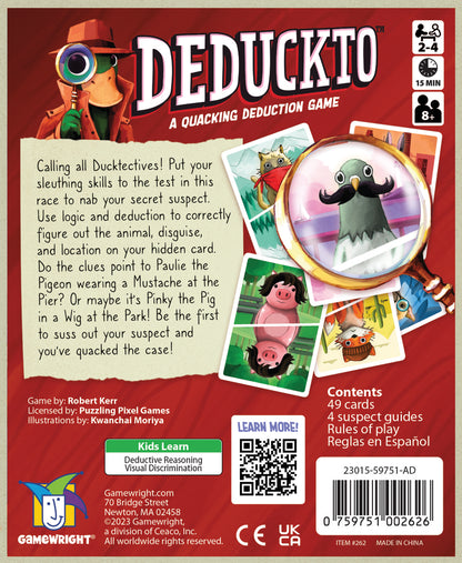Back cover of the Deduckto game packaging with game components and text.