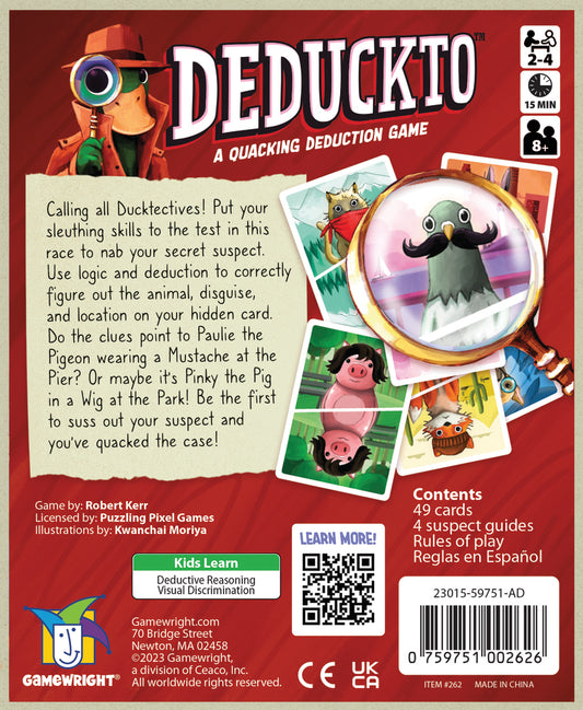 Back cover of the Deduckto game packaging with game components and text.