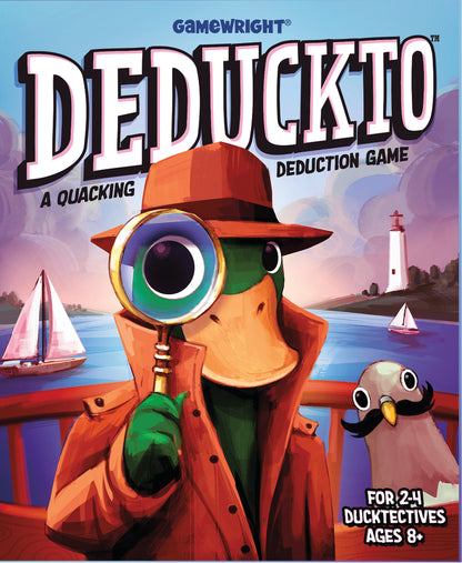 Board game box for 'Deduckto' with a duck character holding a magnifying glass, set against a lighthouse and sailboat background.