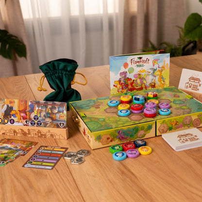 Flowercraft toys packaging with colorful buttons and accessories on a wooden table.