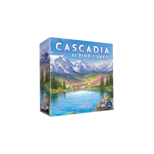 Board game box titled 'Cascadia Alpine Lakes' with mountain and lake illustration on a white background