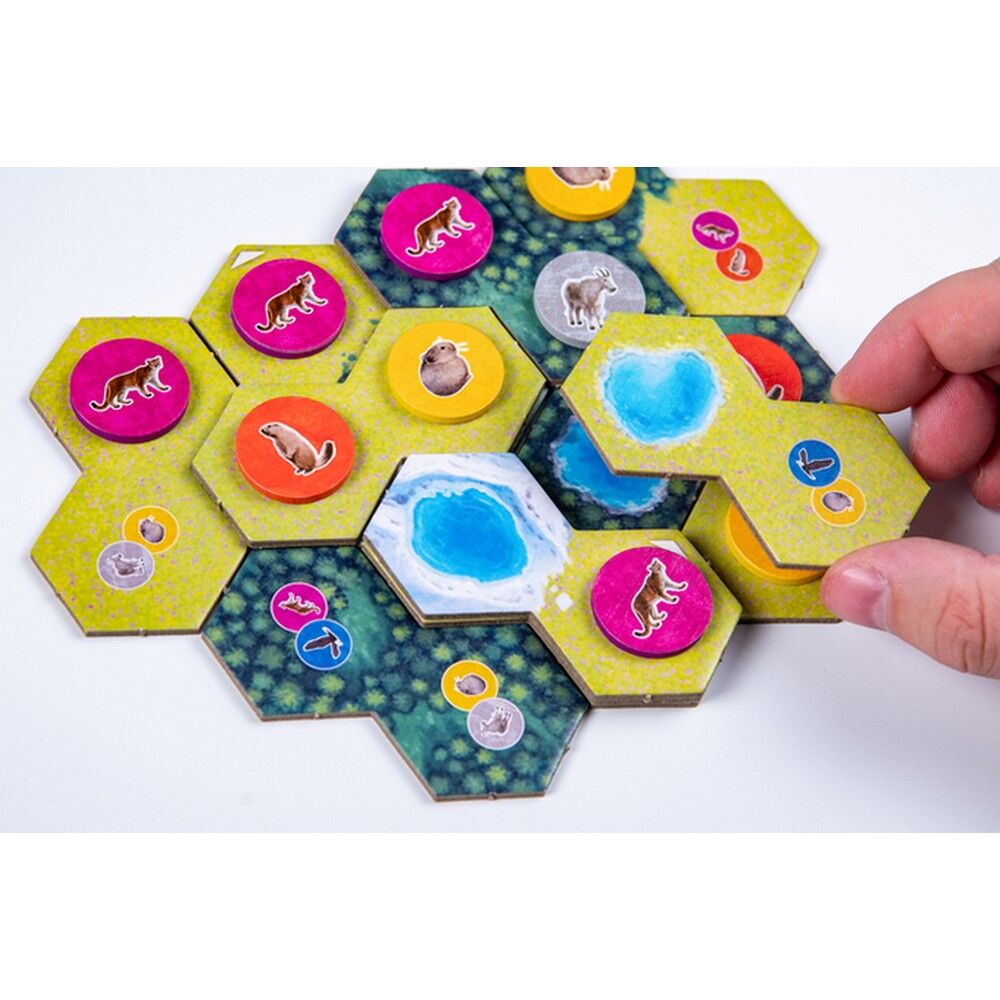 A close-up of a hand holding a hexagonal game board piece over a cluster of colorful game tiles on a white background.