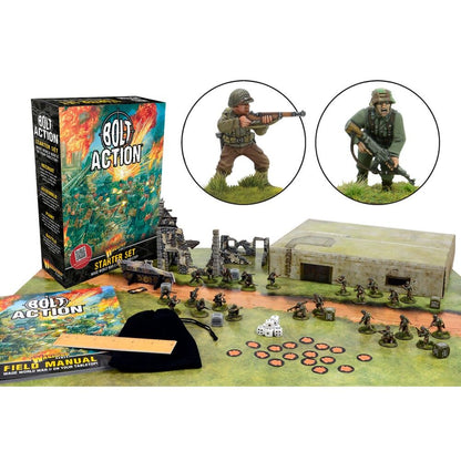 Bolt Action tabletop game set with figures, board, and packaging on a white background