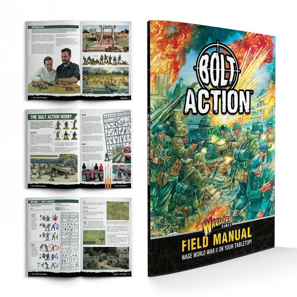 Bolt Action Field Manual with game setup instructions on a white background