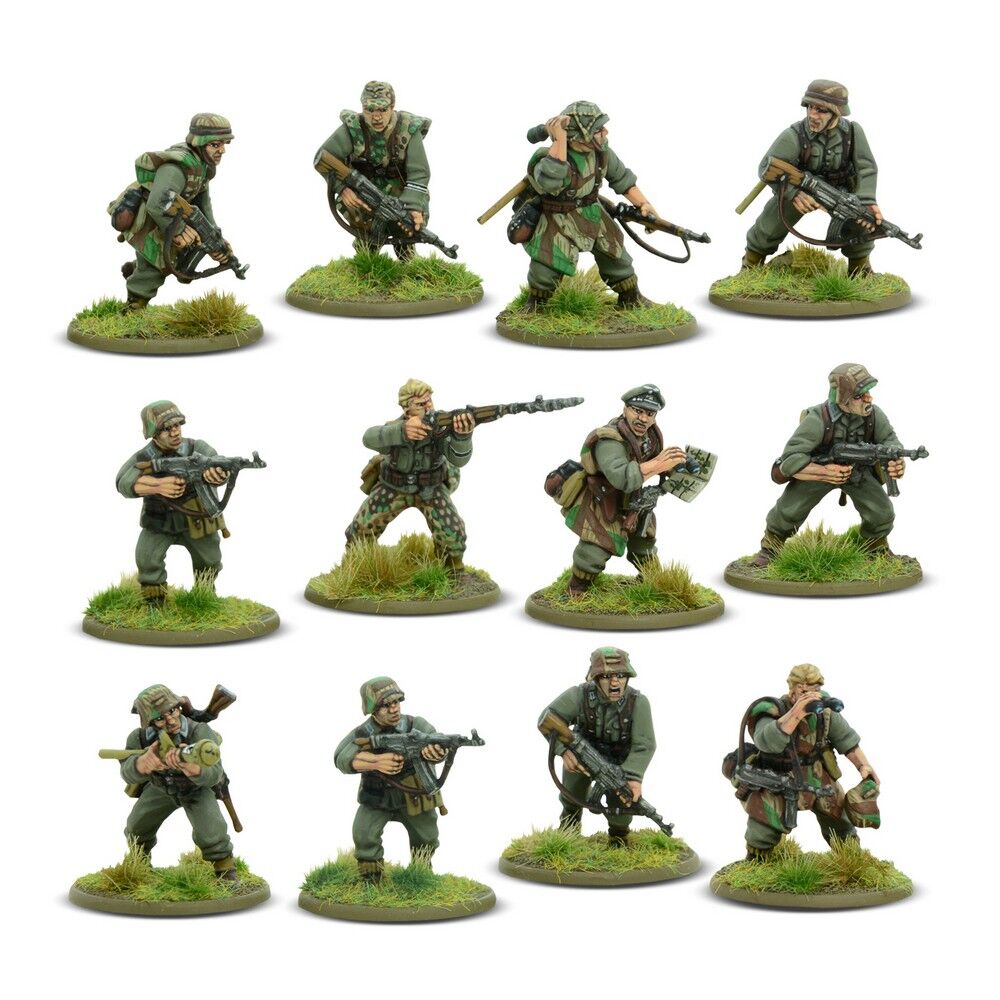Set of 12 military figurines in various poses on grassy bases.
