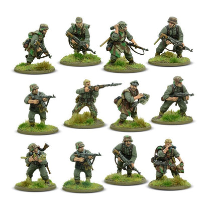 Set of 12 military figurines in various poses on grassy bases.