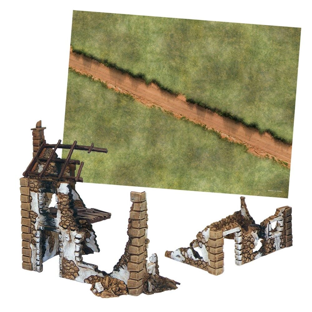 Model ruins with a miniature landscape background