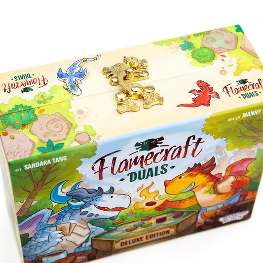 Flamecraft Duels board game box with colorful dragon illustrations on a white background