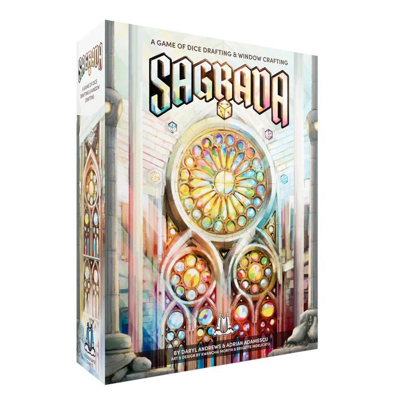 Board game box for 'Sagrada' with colorful stained glass design on a white background