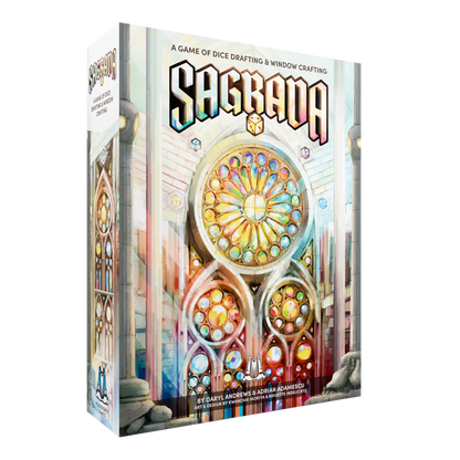 Board game box for 'Sagrada' with colorful stained glass design on a white background