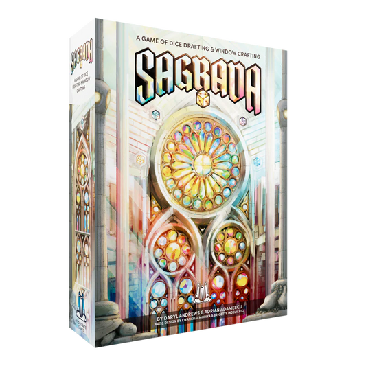 Board game box for 'Sagrada' with colorful stained glass design on a white background