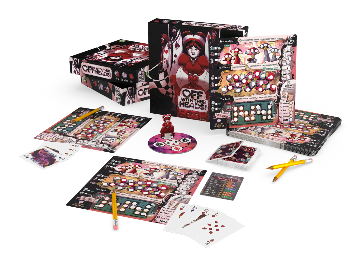 Board game off with their heads set with colorful components on a white background