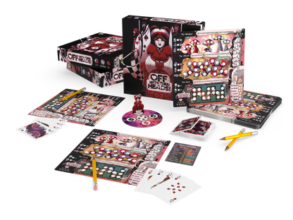 Board game off with their heads set with colorful components on a white background