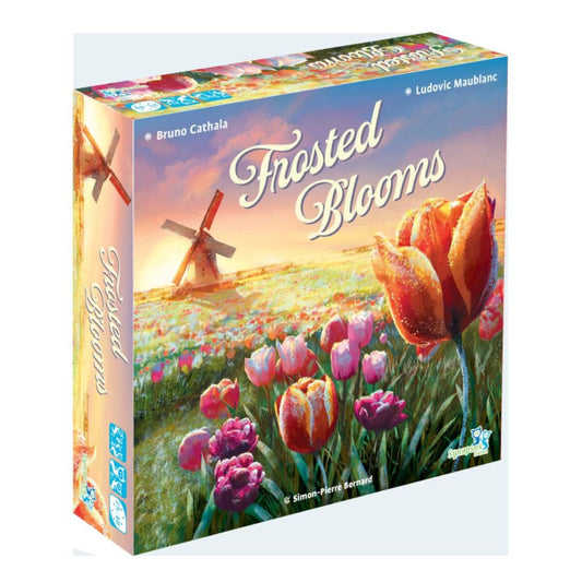 Board game box titled 'Frosted Blooms' with tulips and a windmill on the cover.