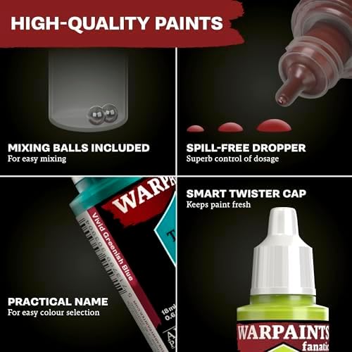 Warpaints product with features like mixing balls, spill-free dropper, smart twister cap, and practical name on a black background.