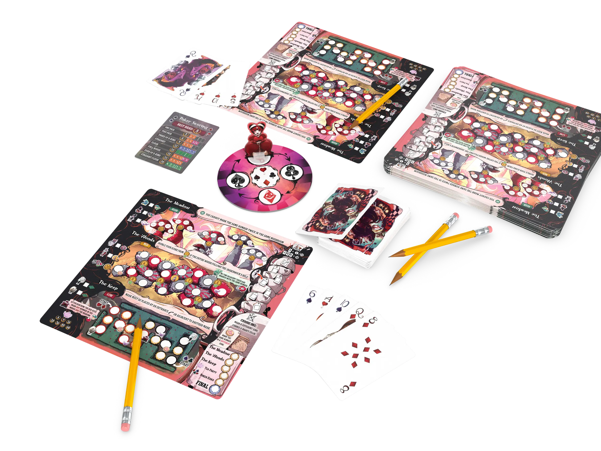 Board game off with their heads set with colorful components on a white background