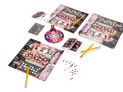 Board game off with their heads set with colorful components on a white background