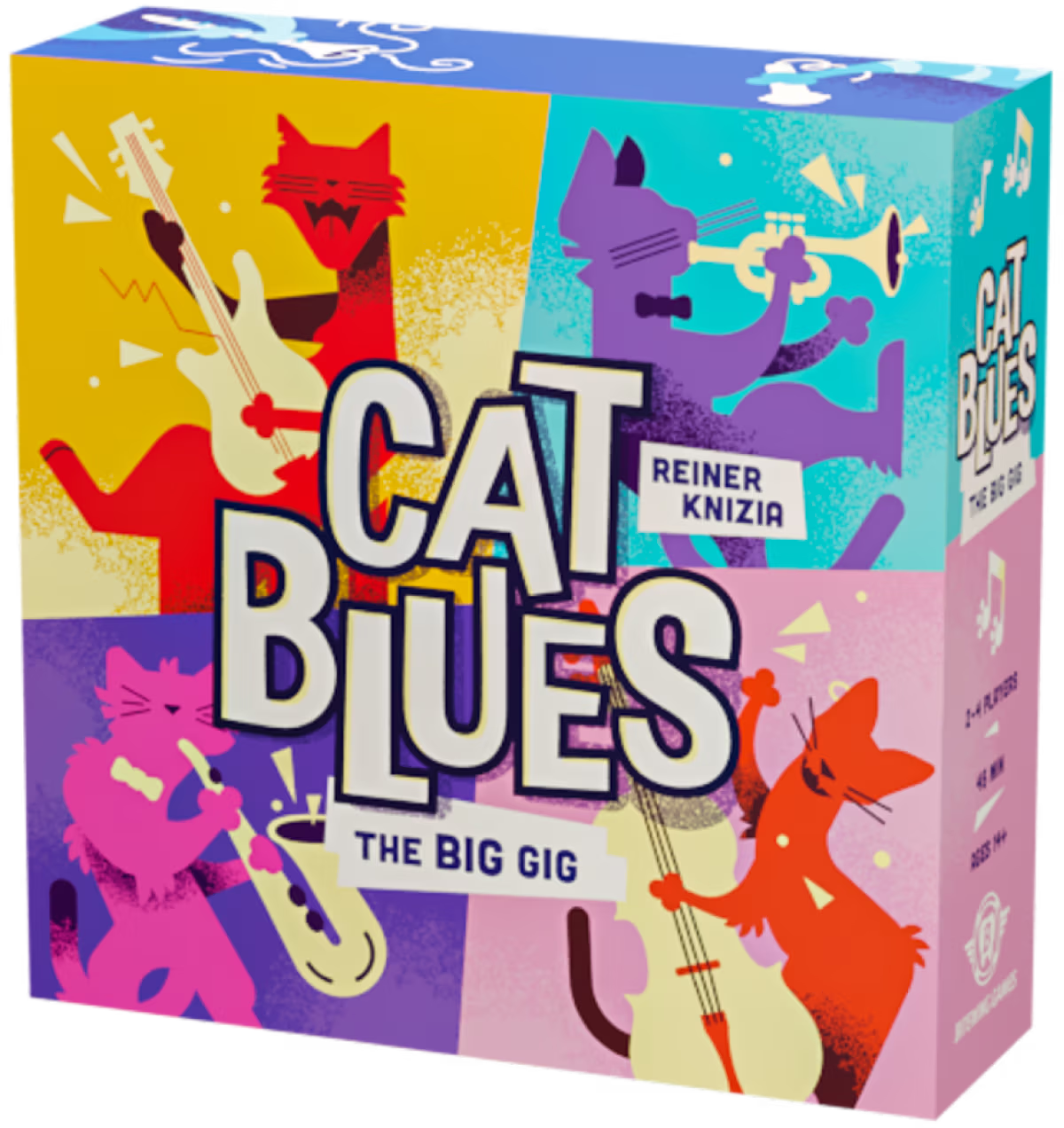 Board game box for 'Cat Blues: The Big Gig' with colorful cat illustrations and Reiner Knizia's name.