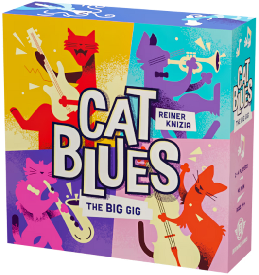 Board game box for 'Cat Blues: The Big Gig' with colorful cat illustrations and Reiner Knizia's name.