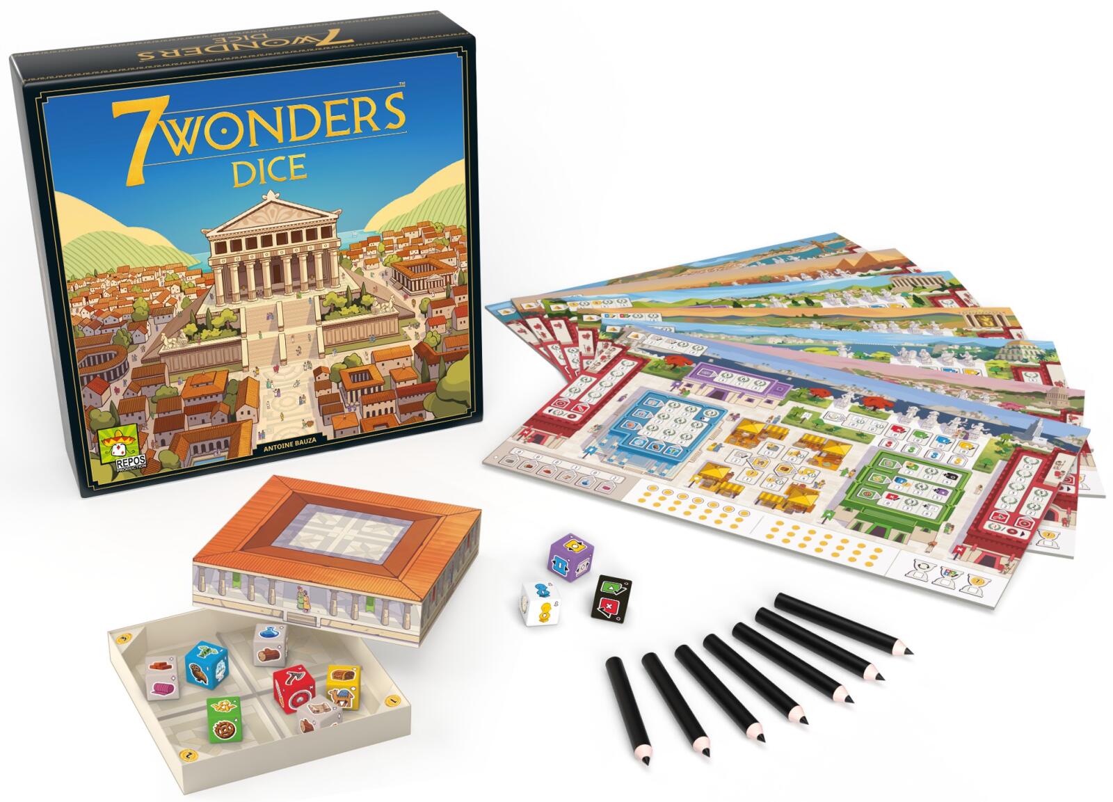 7 Wonders Dice board game set with packaging, dice, and components on a white background