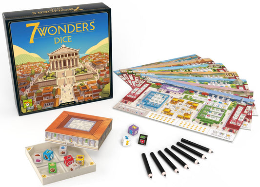 7 Wonders Dice board game set with packaging, dice, and components on a white background