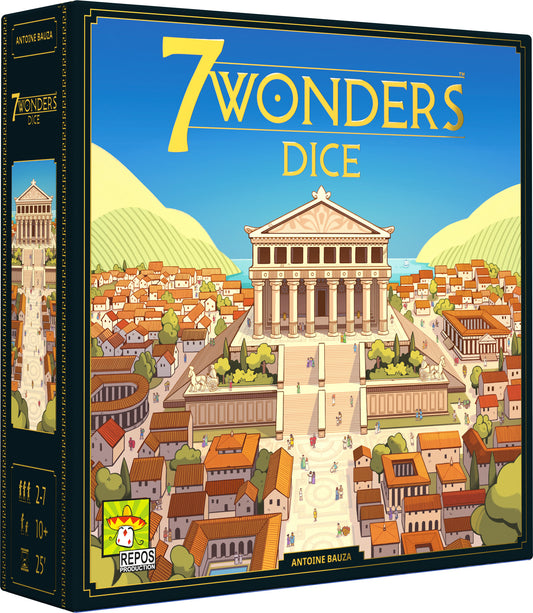 Box of '7 Wonders Dice' board game with architectural illustration and blue sky.