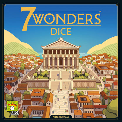 Board game box for '7 Wonders Dice' with a temple and town illustration.