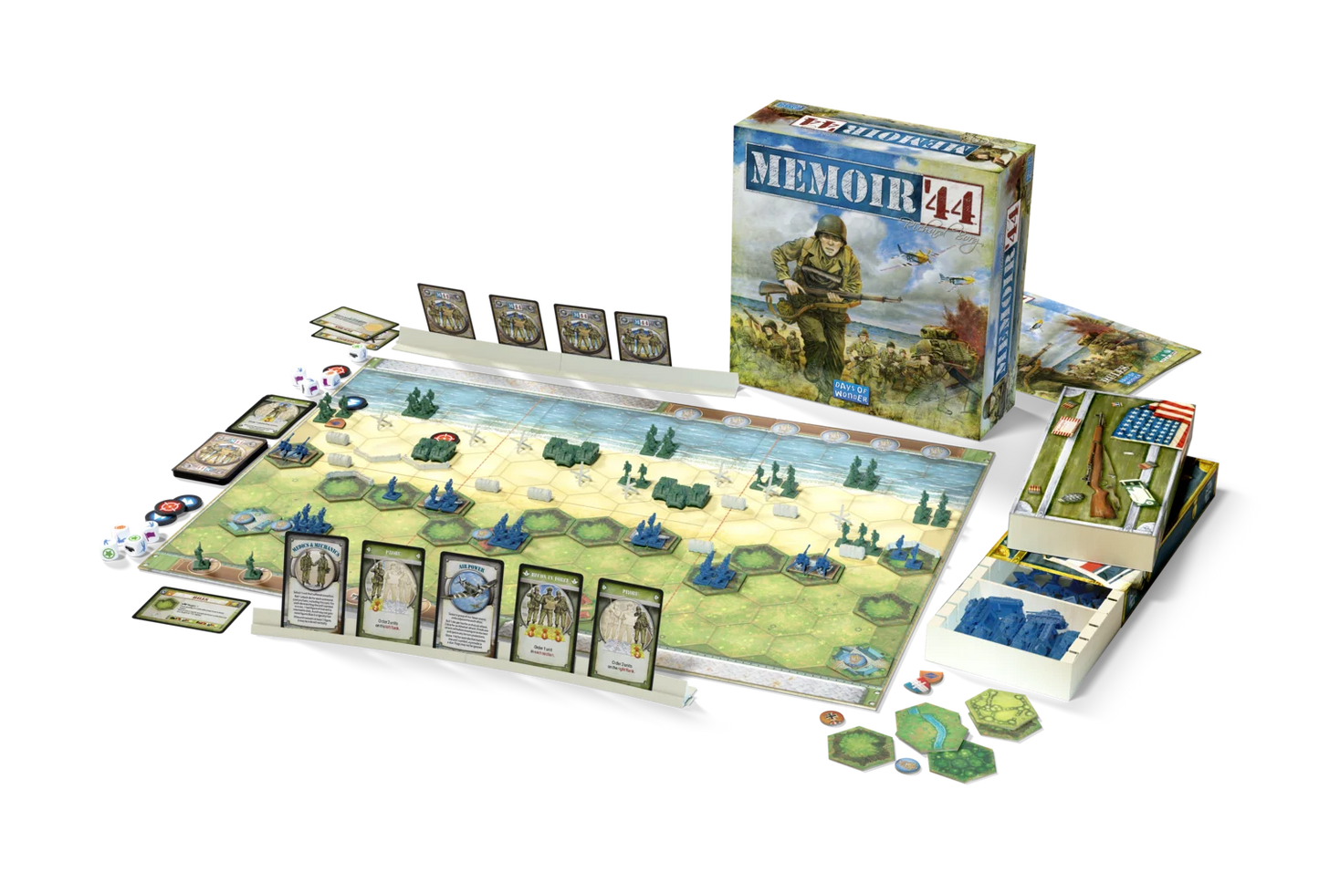 Board game 'Memoir 44' with pieces and map on a white background