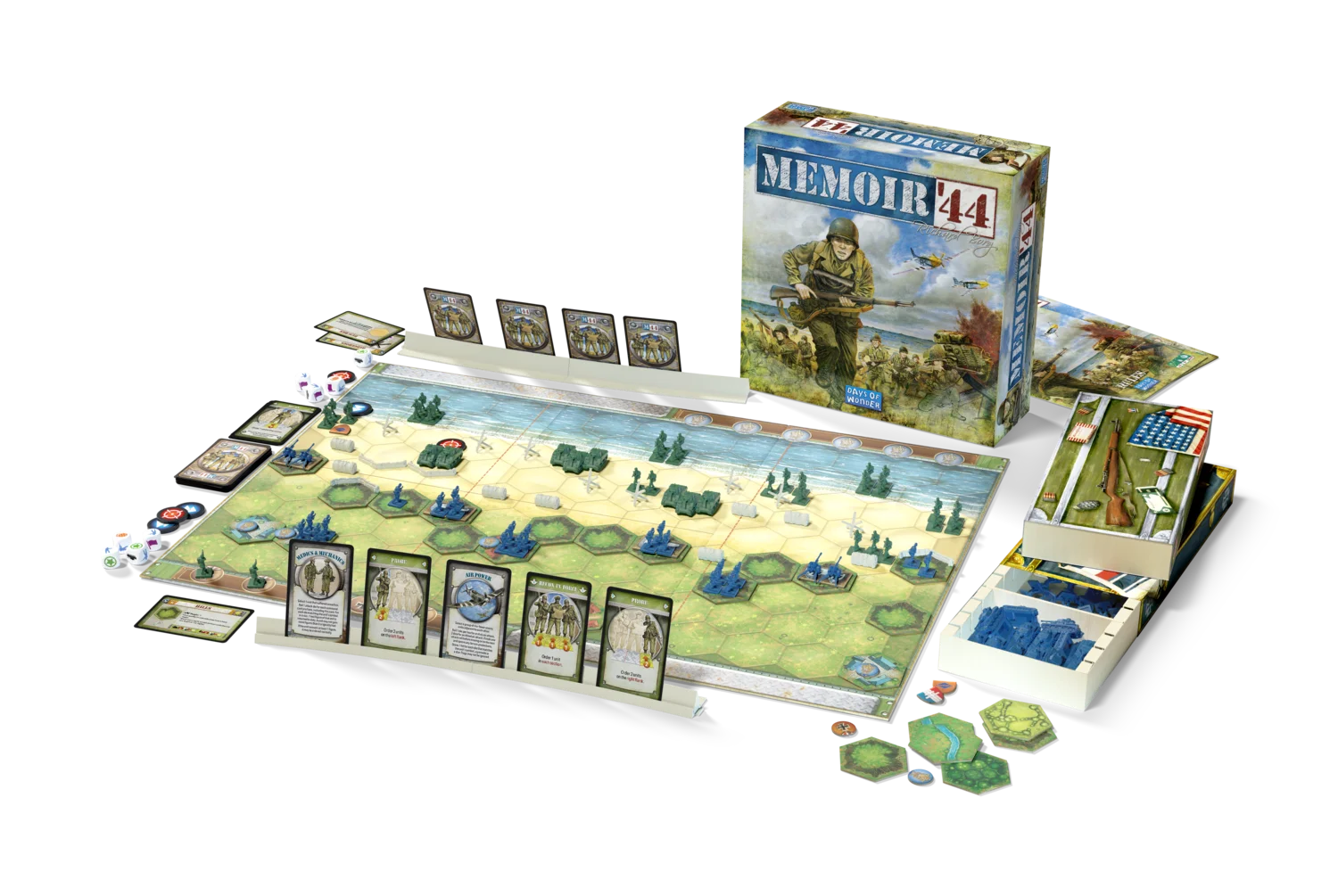 Board game 'Memoir 44' with pieces and map on a white background