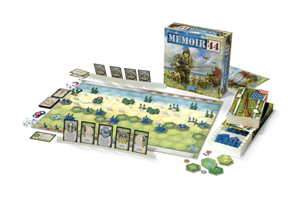 Board game 'Memoir 44' with pieces and map on a white background