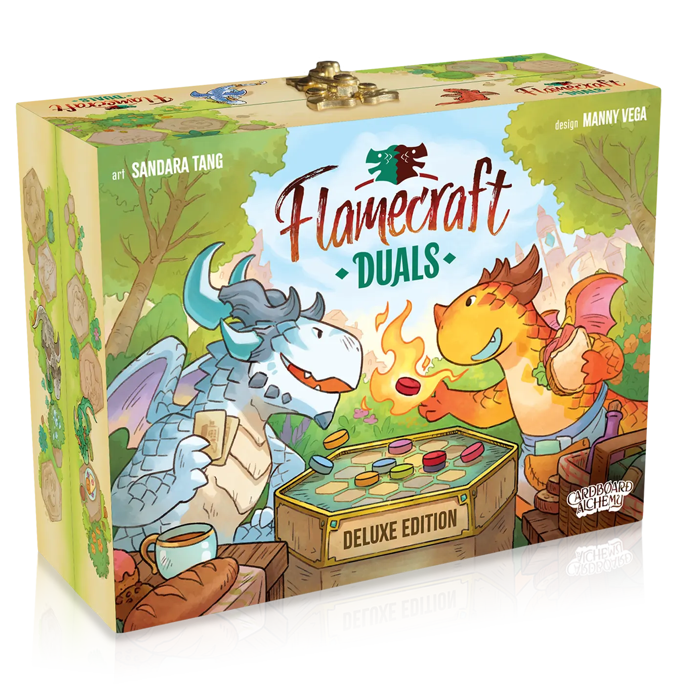 Board game box for 'Flamecraft Duals' with two dragons around a campfire on a white background