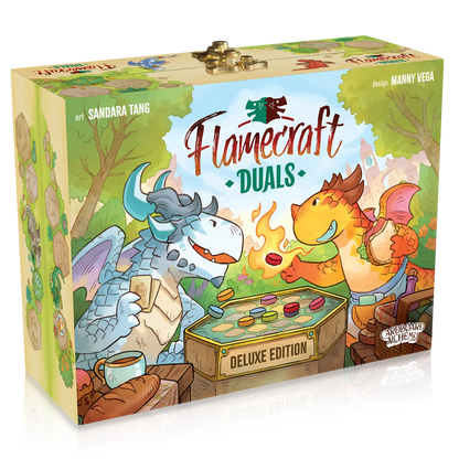 Board game box for 'Flamecraft Duals' with two dragons around a campfire on a white background
