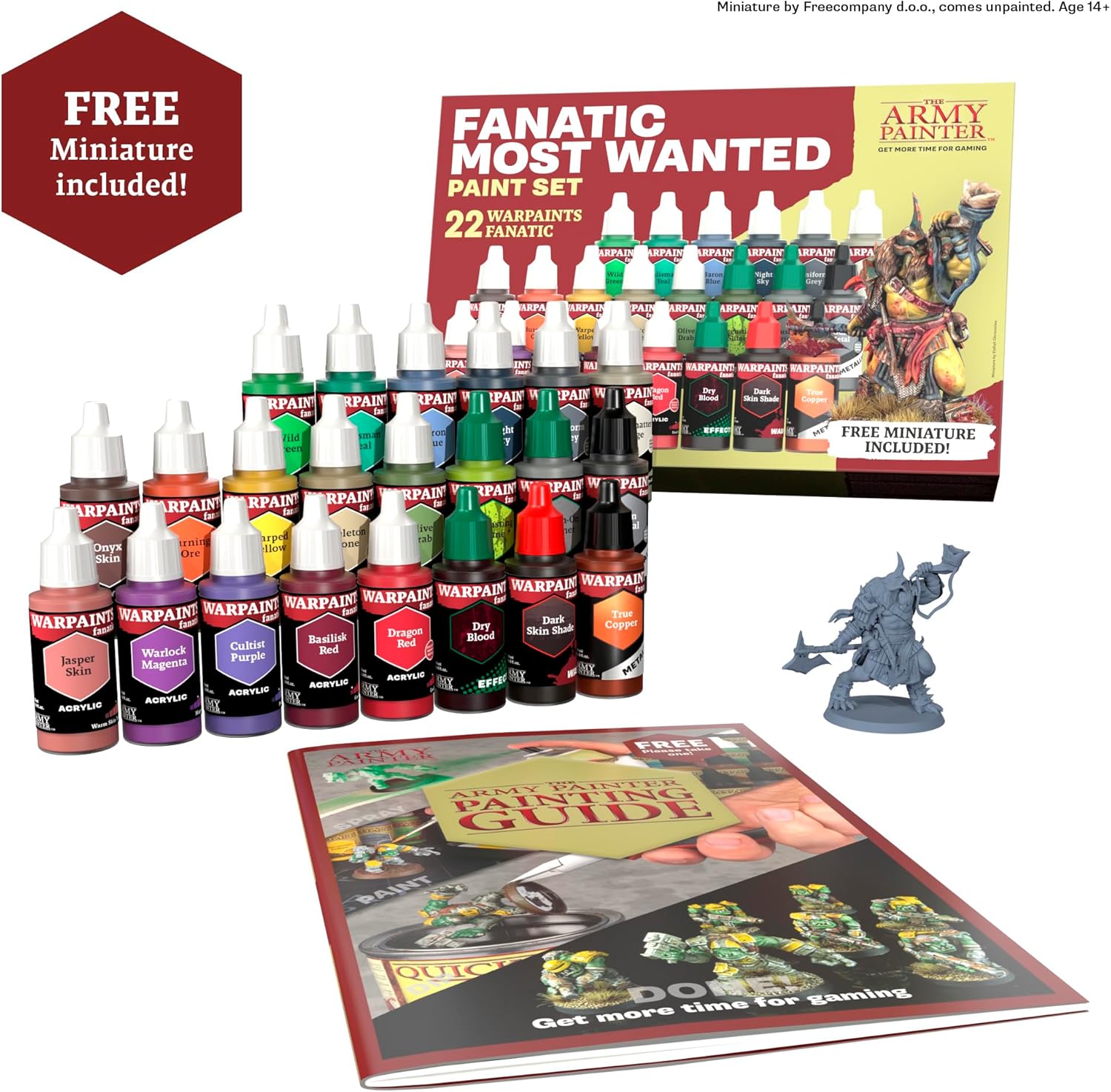Collection of Warpaints with 'Fanatic Most Wanted' paint set and Army Painter book on a white background