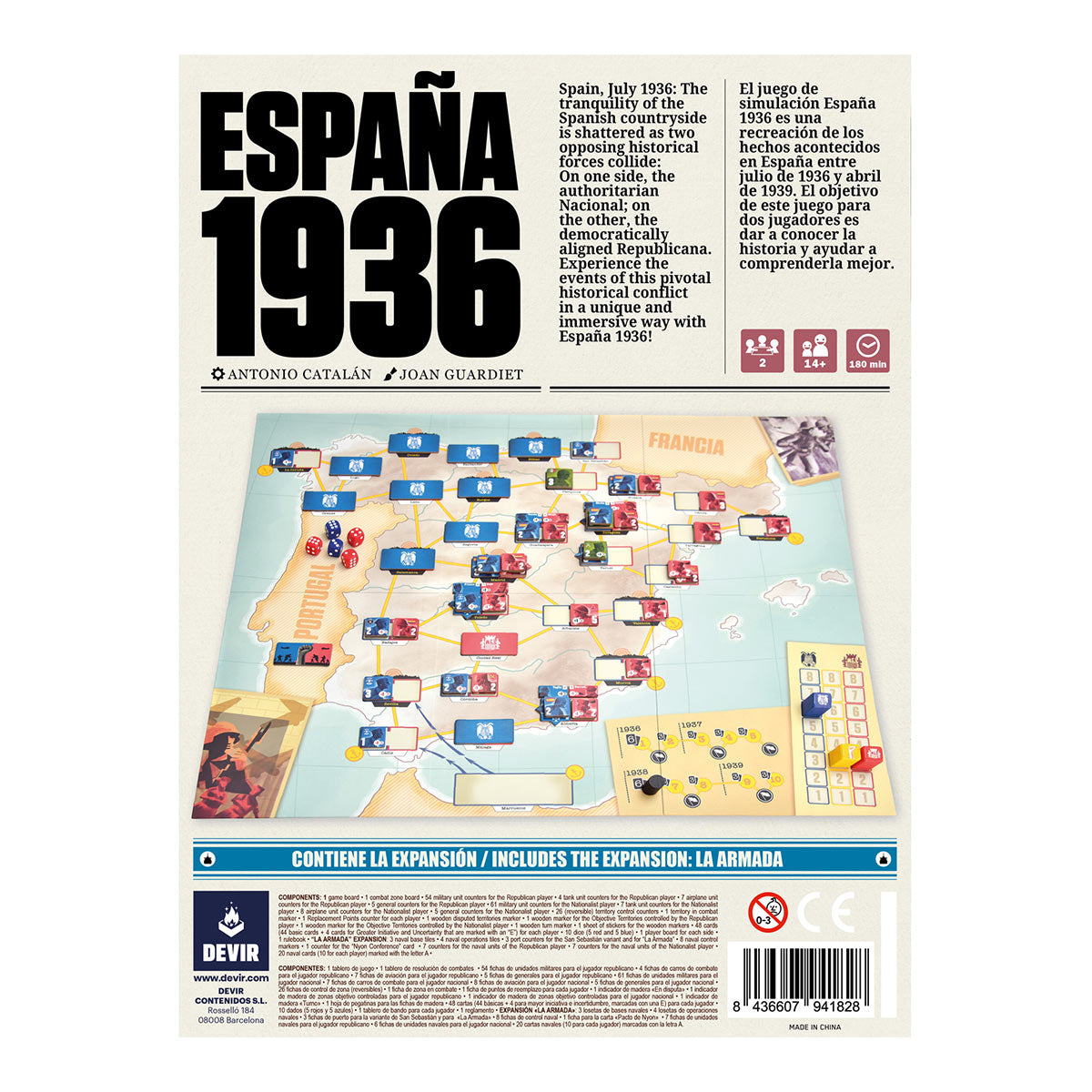 Board game box for 'España 1936' with map and text on a white background