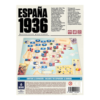 Board game box for 'España 1936' with map and text on a white background